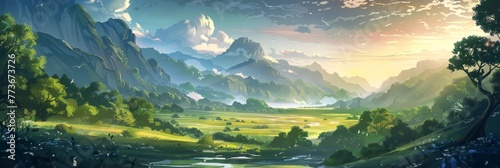 Breathtaking fantasy mountain landscape - A serene fantasy landscape showing a detailed valley with mountains, forest, and a sunset sky