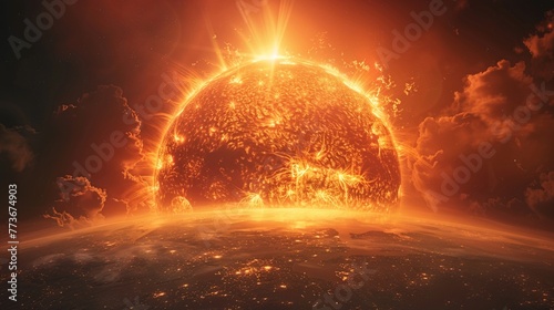 Global warming visual, 6K, sun perilously near Earth, heat wave symbolism, striking and alarming