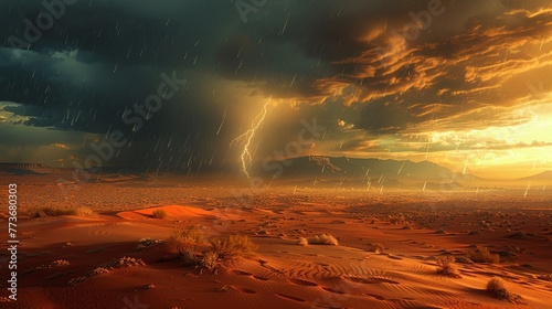 Photorealistic view of a sudden thunderstorm disrupting the calm of a sandy desert ,3DCG,clean sharp focus