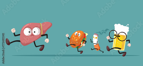 Scarred Liver Being Chased by Bad Habits Vector Medical Cartoon. Unhealthy lifestyle affecting internal organ 