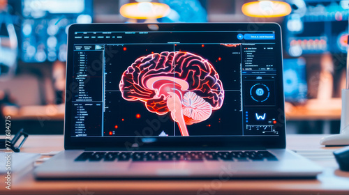 Futuristic Brain Imaging: Exploring Neuroanatomy. On the screen of a laptop, a sagittal slice of a brain reveals details such as the corpus callosum, brainstem, cerebellum, and the main lobes