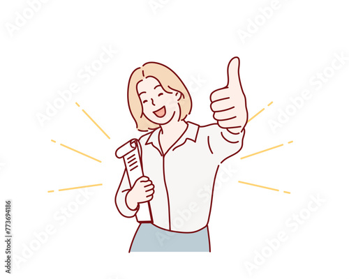 business woman with ok sign gesture tumb up. Hand drawn style vector design illustrations.