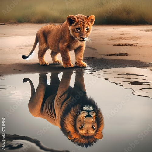 A lion cub is pictured looking into the water and seeing its reflection, just like an adult lion. 