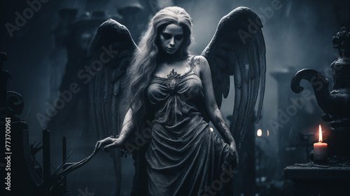 The scary woman angel of death is haunted by a graveyard