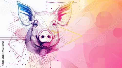  A picture of a pig's face on a multi-colored background featuring lines and spots