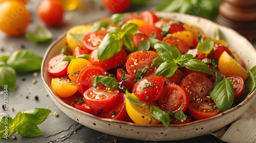  A bowl containing tomatoes and basil sits atop a table surrounded by additional tomatoes and basil foliage