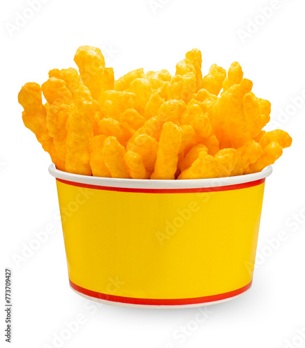 Corn snacks cheesy in paper box isolated on white background, Puff corn or Corn puffs cheese flavor on white With clipping path.