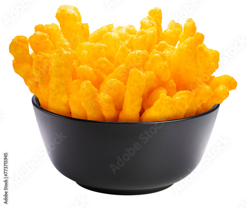 Corn snacks cheesy in Black bowl isolated on white background, Puff corn or Corn puffs cheese flavor on white With PNG File.