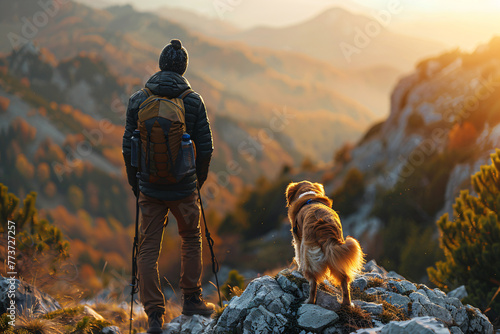 Traveler and dog facing the grandeur of snow-capped mountains. Adventure lifestyle and hiking concept. Design for outdoor gear advertisement, mountain trek guide, wilderness campaign