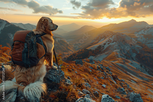 Hiker with backpack and dog trekking in misty mountain landscape. Outdoor adventure and companionship concept. Design for travel blog, inspirational poster and wallpaper. Majestic view with copy space