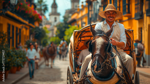 Excursion trip by horse-drawn carriage in a Spanish city.
