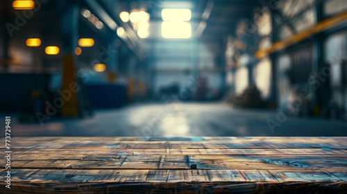 A well-worn wooden table in focus against the backdrop of a defocused industrial warehouse interior