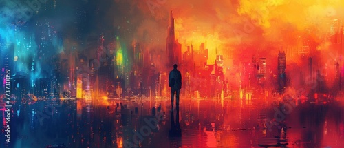 Against the backdrop of a city ablaze with color, he stands tall, his spirit unbroken, his resolve unwavering.