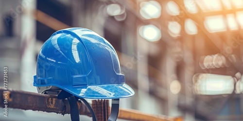A blue hard hat resting on top of a metal surface at an industrial worksite