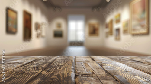 Vivid depiction of wooden flooring leads to a vanishing point in an open, well-lit art gallery space