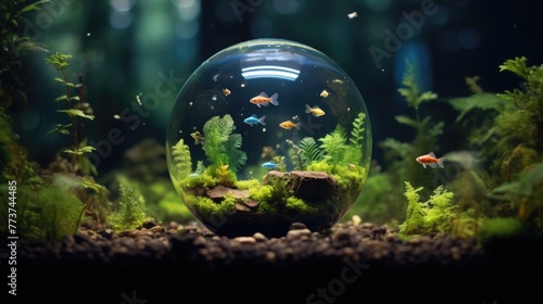 Spherical aquarium with tropical fish and green plants, unique home decor concept