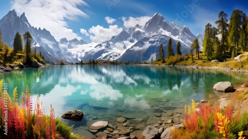 Serene alpine lake nestled between snow-capped peaks, reflecting the azure sky and colorful blossoms in a perfect springtime panorama