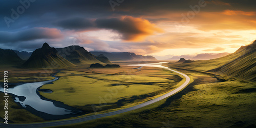 Scenic road in Iceland beautiful nature landscape aerial panorama mountains and coast at sunset 