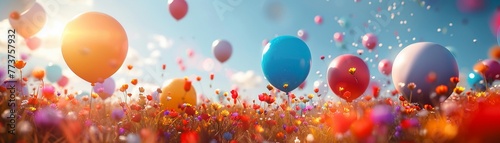 Photorealistic image of colorful balloons in free fall over a vibrant meadow, natural lighting ,3DCG,high resulution