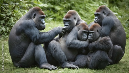 A Group Of Gorillas Grooming Each Others Fur With 2