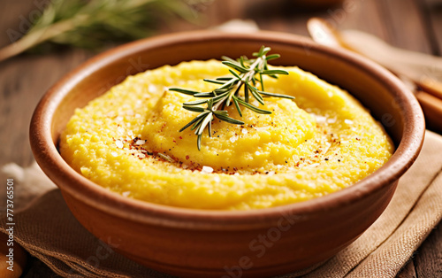 A bowl of creamy cornmeal porridge with a sprig of rosemary on a brown tablecloth with a blurred background. Healthy meal.