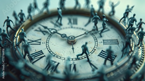 A clock with hands that are actually tiny people running