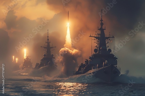 An image capturing the intensity and precision of a special navy mission as missiles are launched from war boats destroyers for strategic warfare purposes