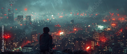A dejected man overlooking a cityscape at night, feeling isolated and sorrowful