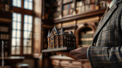 A businessman, demonstrating a sense of pride and care, holding a miniature model of a historic building