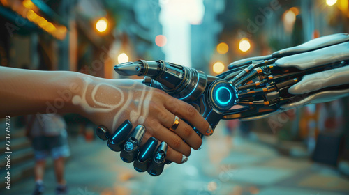 Collaboration of Human and Robotic AI. Human and AI handshake. Human and AI friendship. No Human vs AI