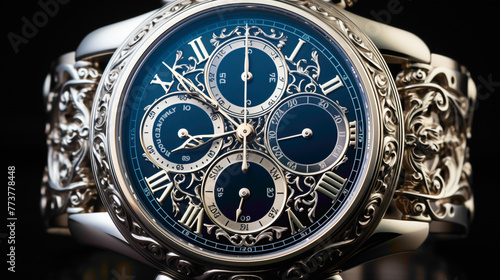 A classic silver timepiece with intricate details, exuding timeless elegance, set against a deep navy backdrop.