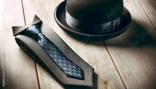 Elegant Bowler Hat and Tie on Wooden Surface 