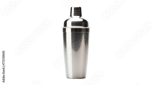 A sleek stainless steel cocktail shaker resting on a pristine white background