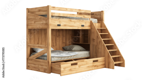 A wooden bunk bed, complete with stairs and drawers, offers a cozy and practical solution for restful nights