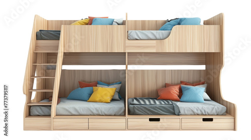 A wooden bunk bed with two sets of stacked beds, creating a cozy and space-saving sleeping area