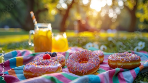 Sunset picnic scene with freshly squeezed orange juice garnished with a strawberry, colorful donuts, and ripe fruits on a vibrant patterned blanket in a lush orchard.