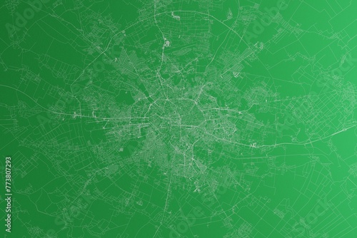 Map of the streets of Bucharest (Romania) made with white lines on green paper. Rough background. 3d render, illustration