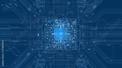 overhead view of a modern, detailed, realistic AI processor architecture blueprint