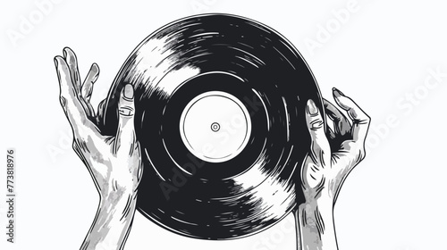 Record vinyl holding cartoon human hands