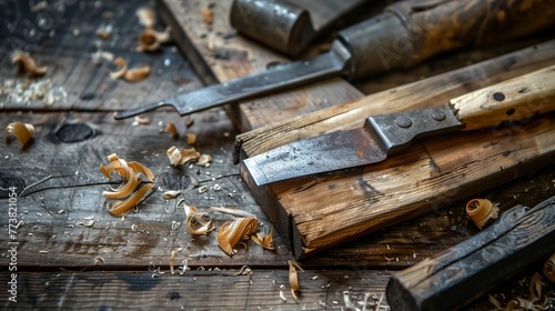Woodworking craftsmanship. Close-up of hand tools for wood repair and crafting, including chisels and mallet on a wooden surface with wood shavings and sawdust