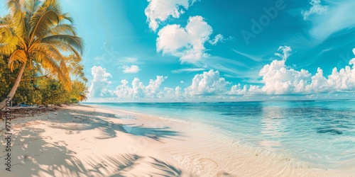 Beautiful tropical beach banner. White sand and coco palms travel tourism wide panorama background concept. Amazing beach landscape
