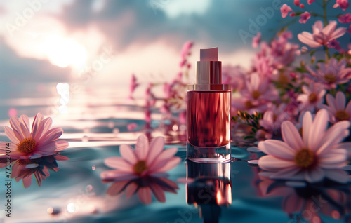 Cosmetic bottle rests gently on the water, encircled by blossoms, evoking a serene and immaculate scene, providing a clear product view with frontal perspective and bathed in perfect lighting.