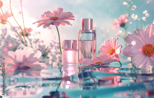 Cosmetic bottles rest gently on the water, encircled by blossoms, evoking a serene and immaculate scene, providing a clear product view with frontal perspective and bathed in perfect lighting.