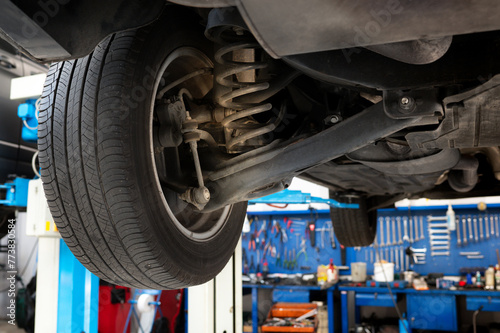 Underneath view of car with shock absorber