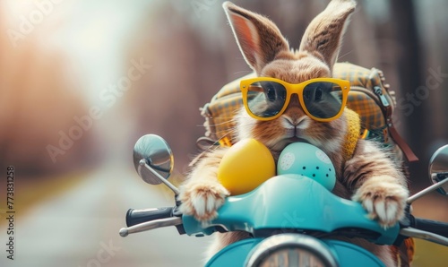 Cool Easter bunny with sunglasses and Easter eggs in his backpack on a motorbike, Generative AI