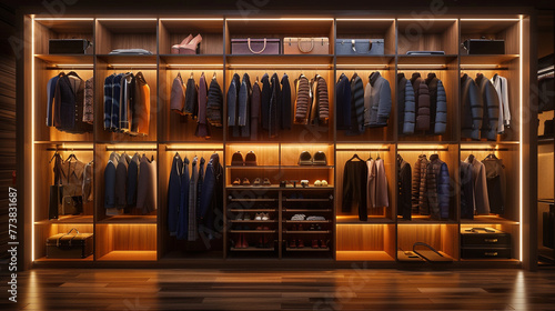 A stylish wardrobe with built-in LED lighting, illuminating the collection of designer clothing and shoes. 8K