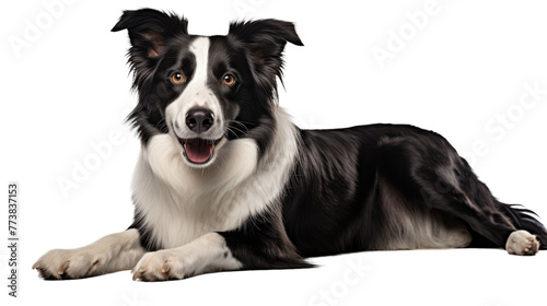 A peaceful black and white dog laying on the ground