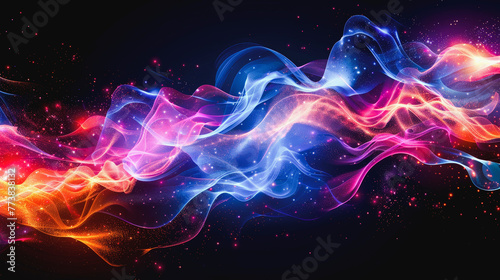 Colorful abstract digital artwork with dynamic waves of light rippling across a dark, starry background, resembling cosmic energy flows.