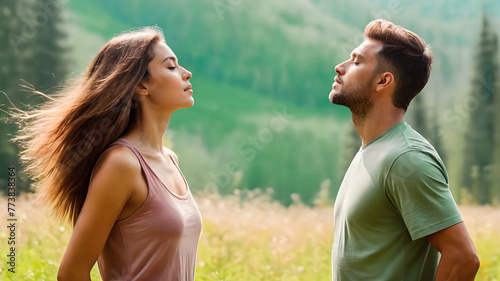 Woman and man breathe fresh air in nature. Man and woman facing each other breathing deeply fresh air relaxed and calm in a natural landscape