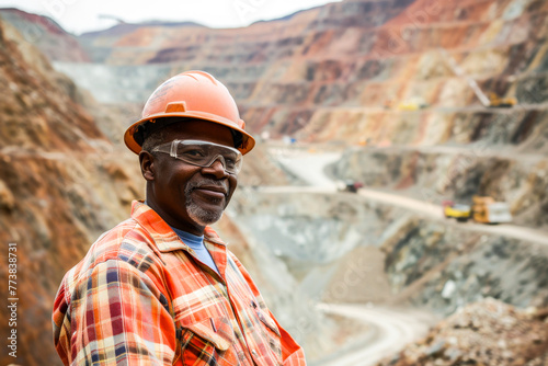 Experienced miner in protective gear with a vast open pit mine in the background